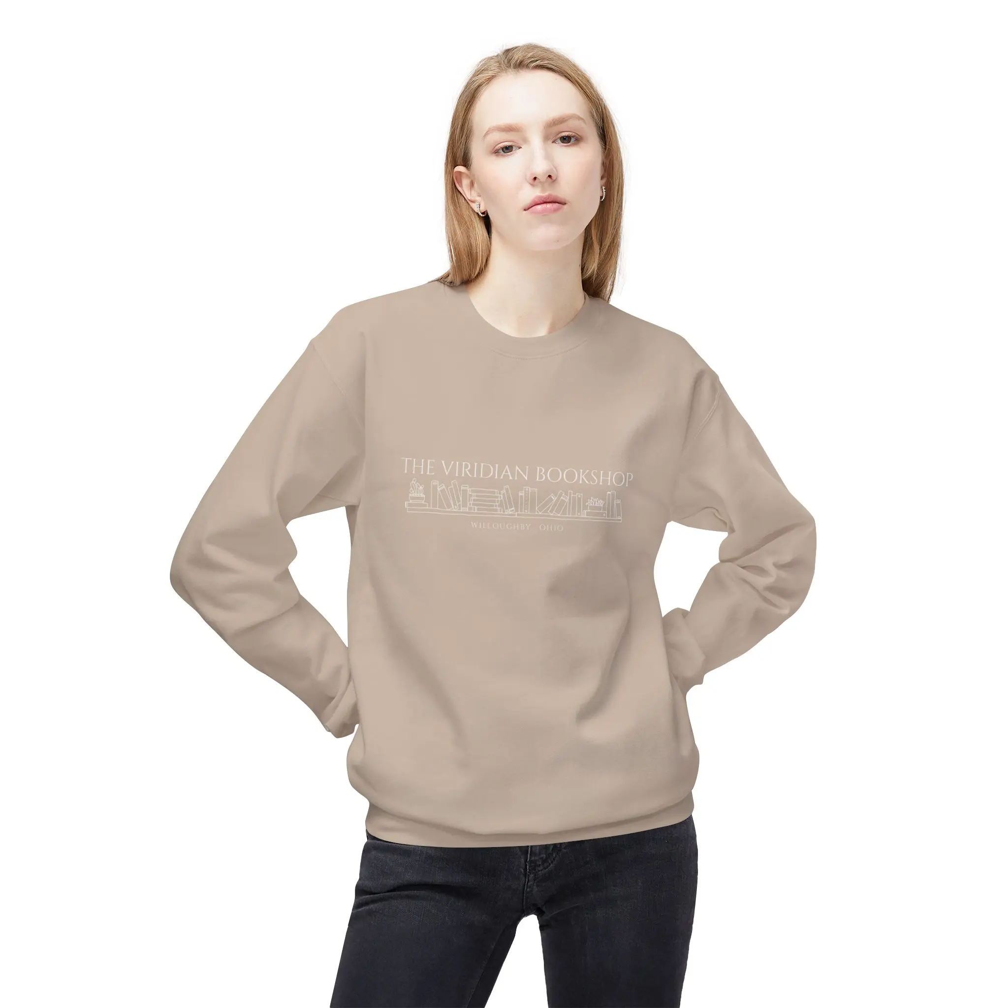 Woman modeling beige graphic sweatshirt