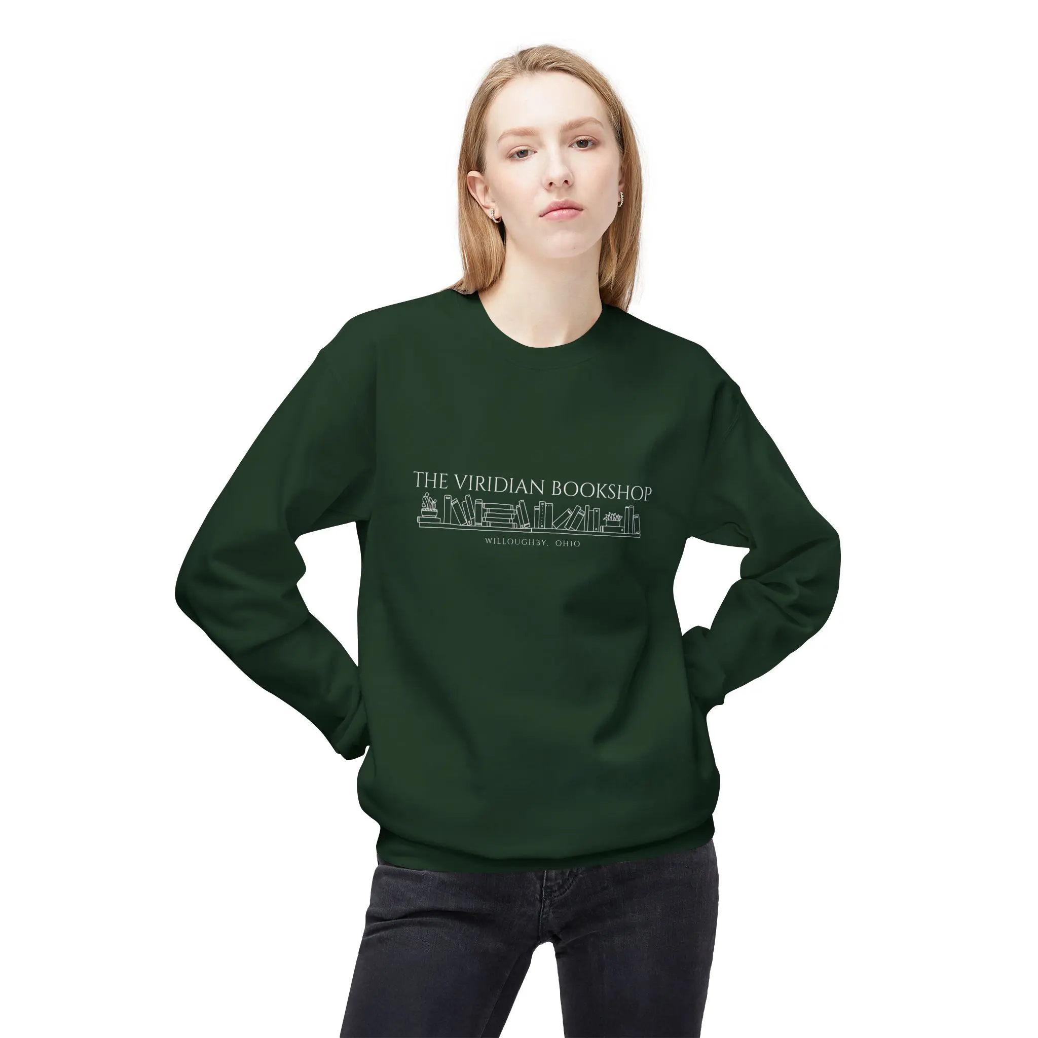 Woman wearing dark green Viridian Bookshop sweatshirt