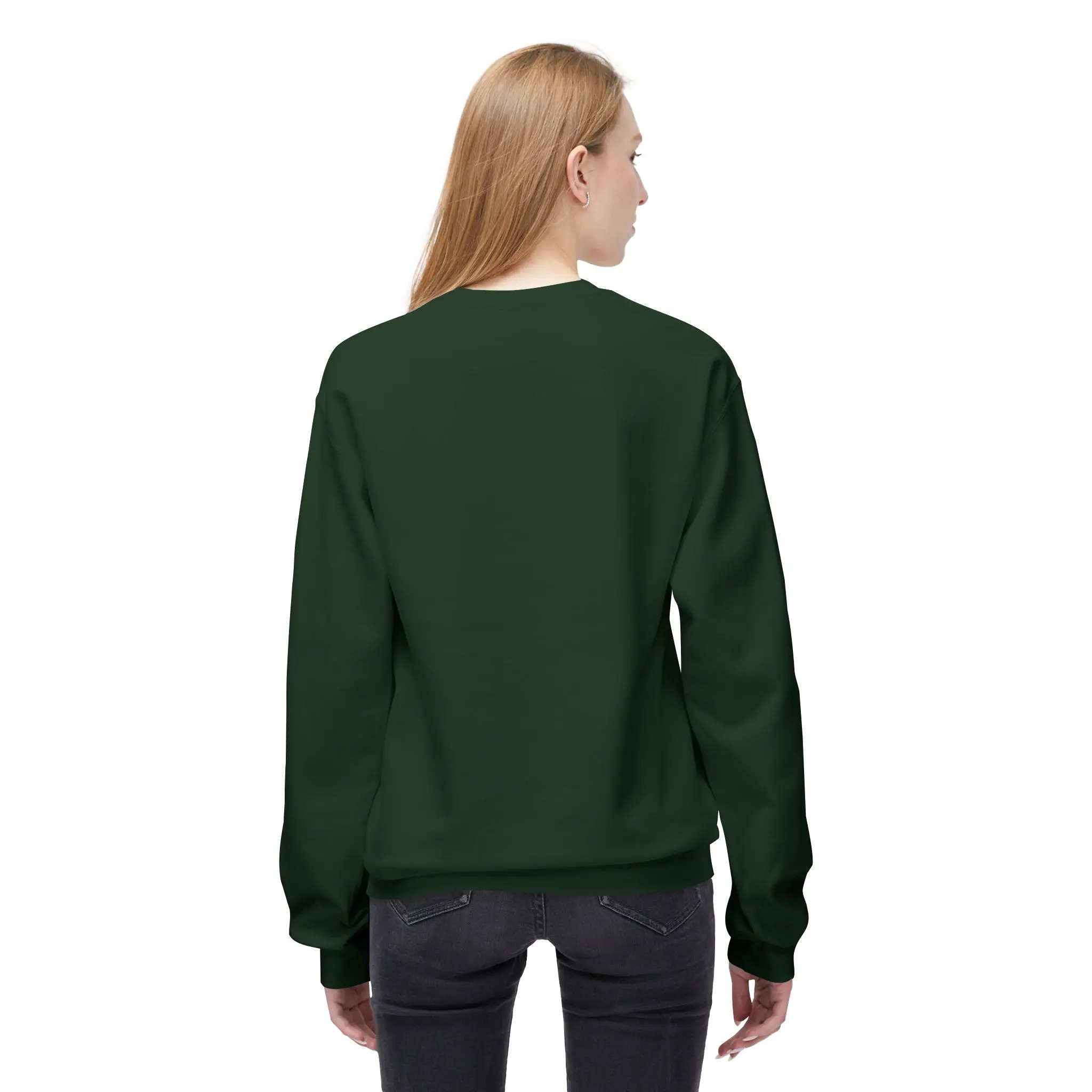 Back view of woman in dark green sweatshirt
