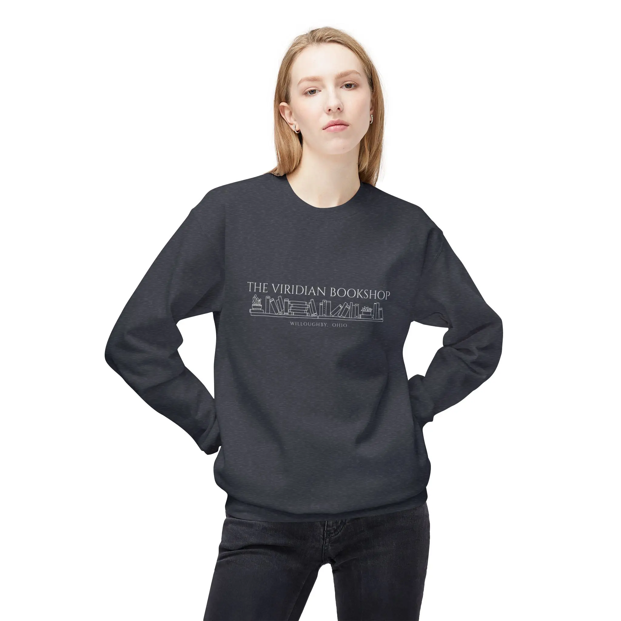 Model wearing Viridian Bookshop crewneck sweatshirt