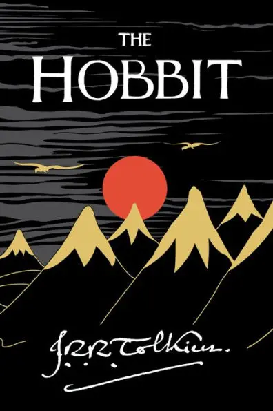 The Hobbit book cover: red sun over mountains