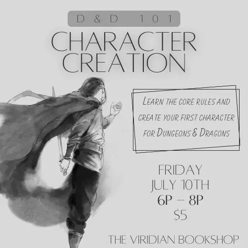 D&D character creation workshop flyer with cloaked hero